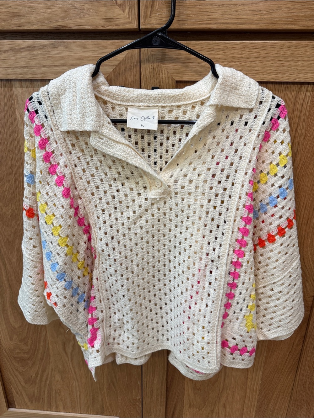 Ecru Crochet Polo Sweater with Multicolor Accents